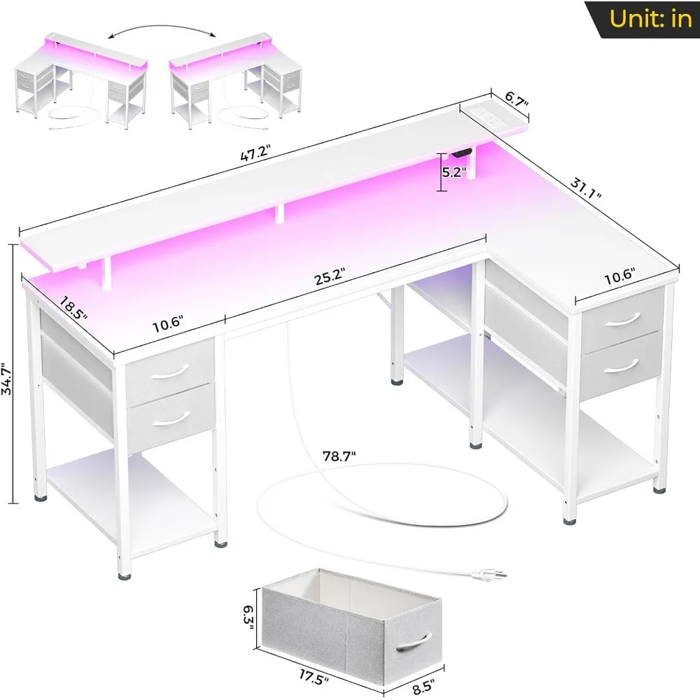 Mesa para jogos com gavetas, mesa em forma de L de 47,2 polegadas com prateleiras de armazenamento e luzes LED e tomadas de energia