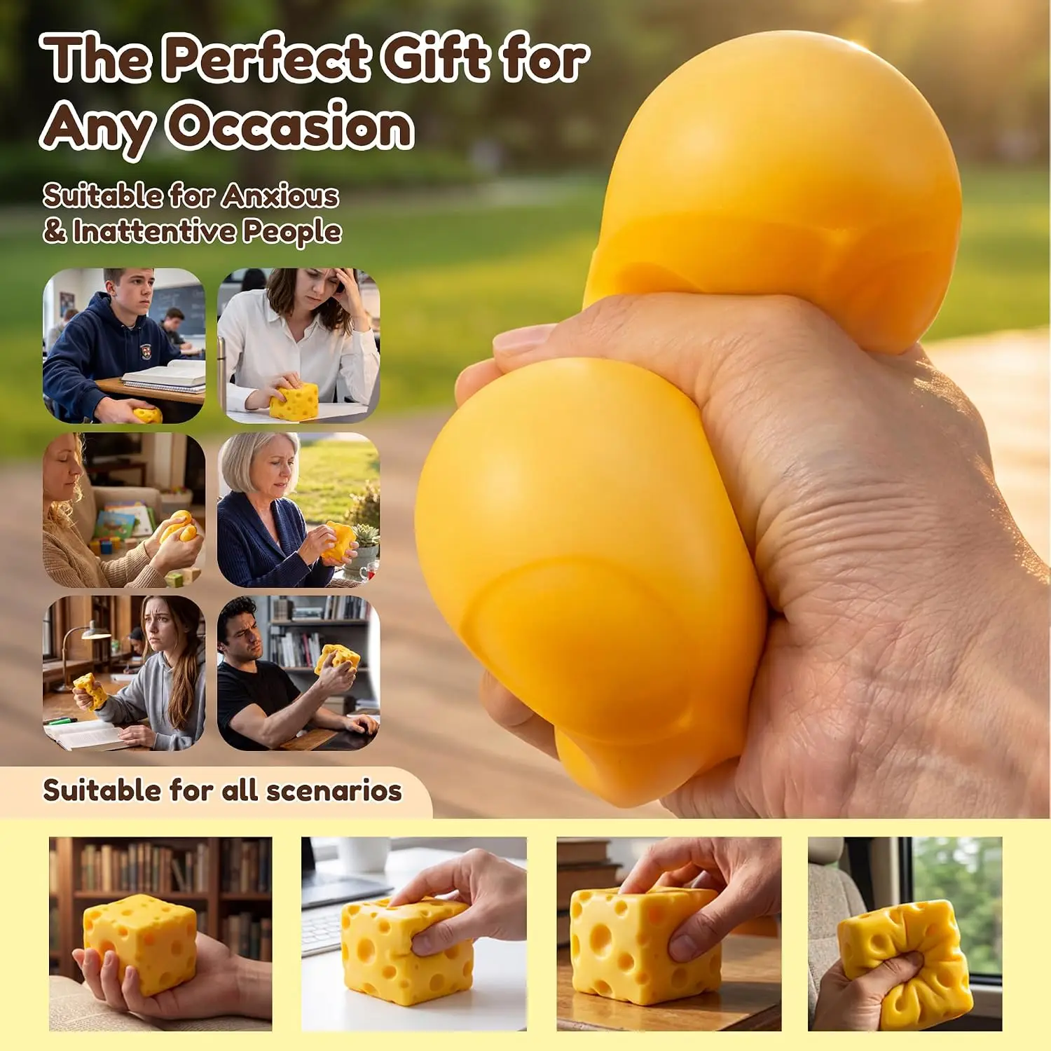 Cheese Squishy Cube Block, Slow Rising Soft Squeeze Sensory Fidget Toy, Stress & Anxiety Relief Desk Toy, Calming Gift for Adults Kids Teens, Office Home Travel Use
