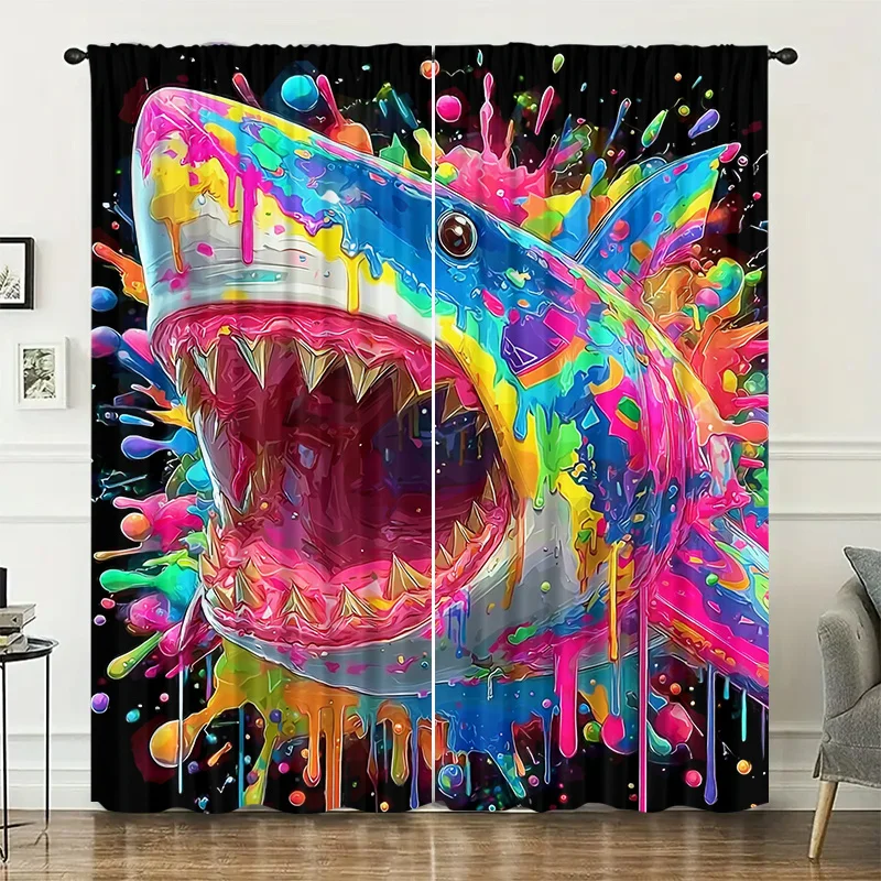 Colorful graffiti shark curtains, installed using pocket rod method, suitable for bedrooms, living rooms, balconies decoration