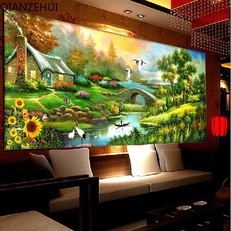 DIY full Diamond Embroidery,Round Diamond Lake Cottage Fortune Flowing Water Living room decoration rhinestone Diamond painting