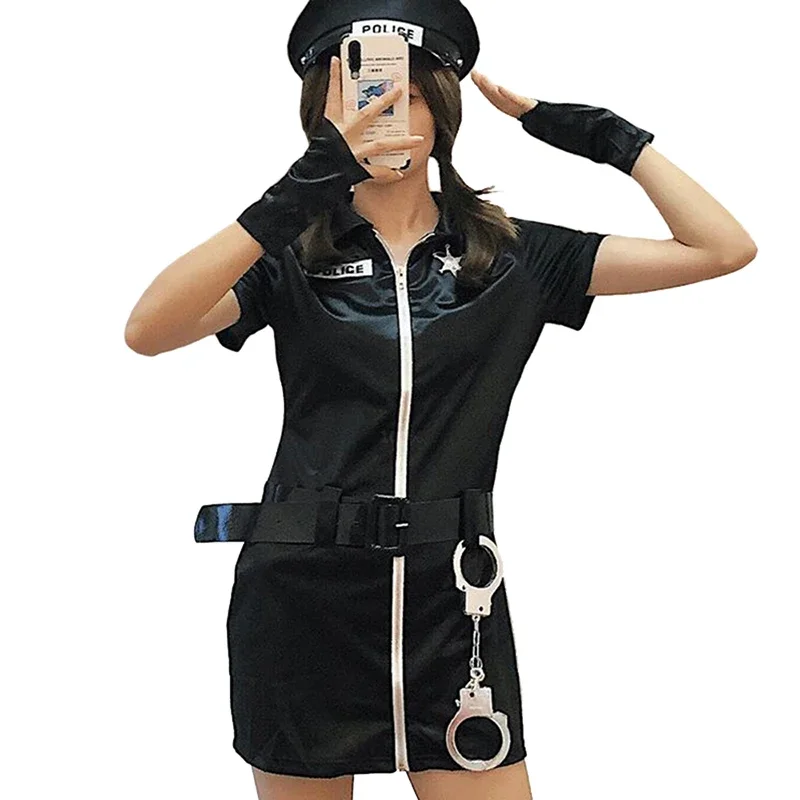 S-XXL Black Blue Sexy Police Women Cop Police Female Officer Uniform Zipper Police Halloween Cosplay Party Costume Game Uniform