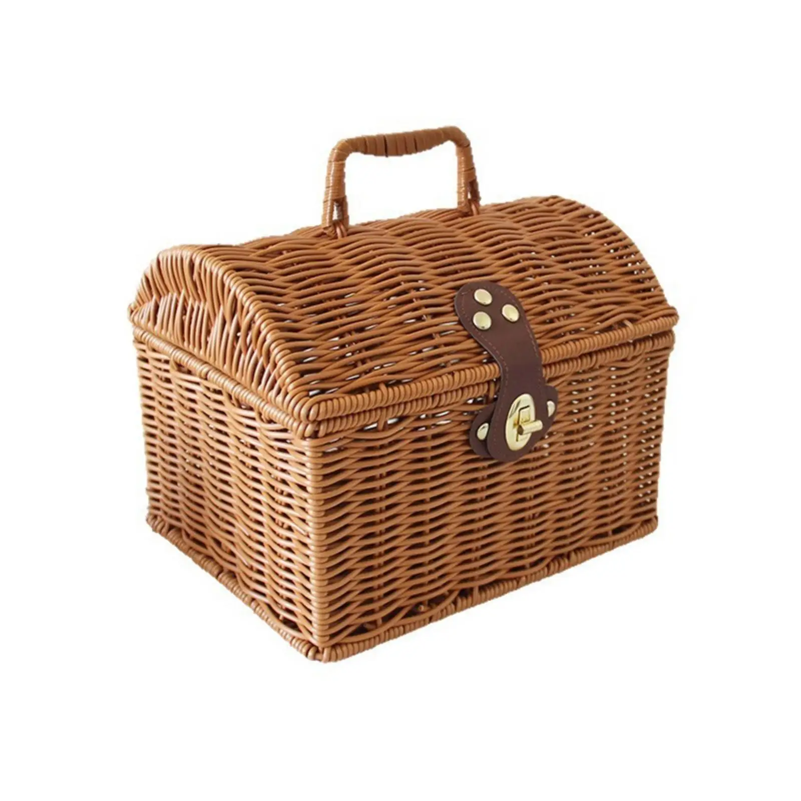 Handled Rattan Picnic Basket for Outdoor Scenic Outings Woven Storage Box with Clasp Closure