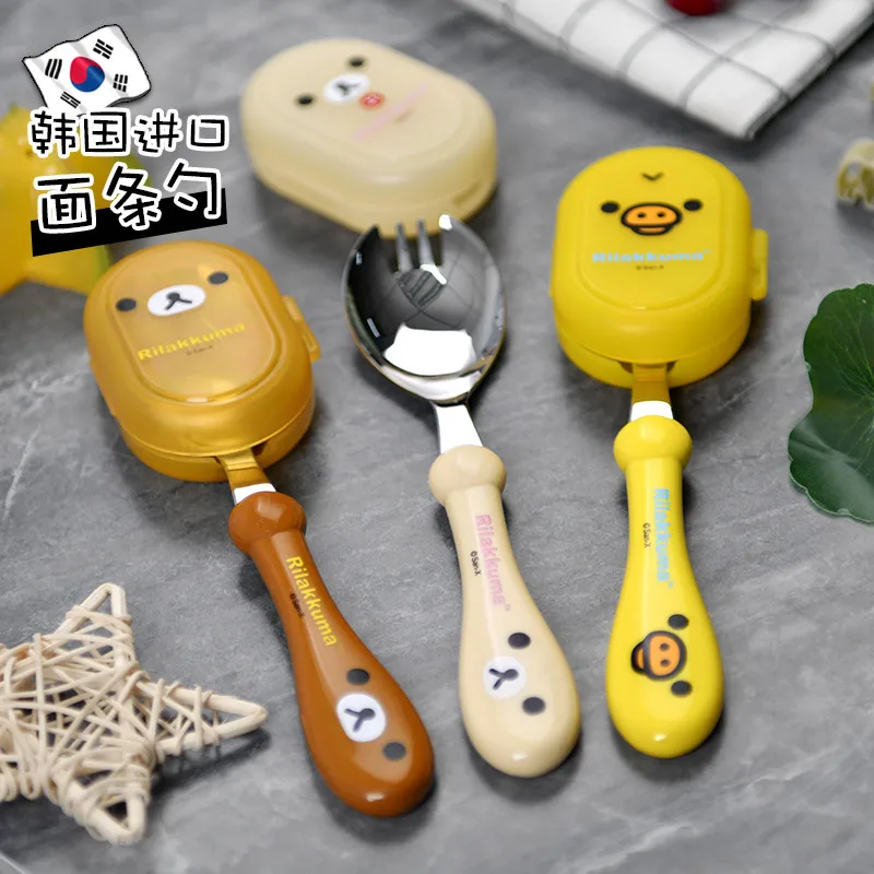 

Japanese Teddy Bear Children'S Tableware Auxiliary Food Spoon Tool Baby Fork Spoon Integrated Auxiliary Food Spoon Training Gift