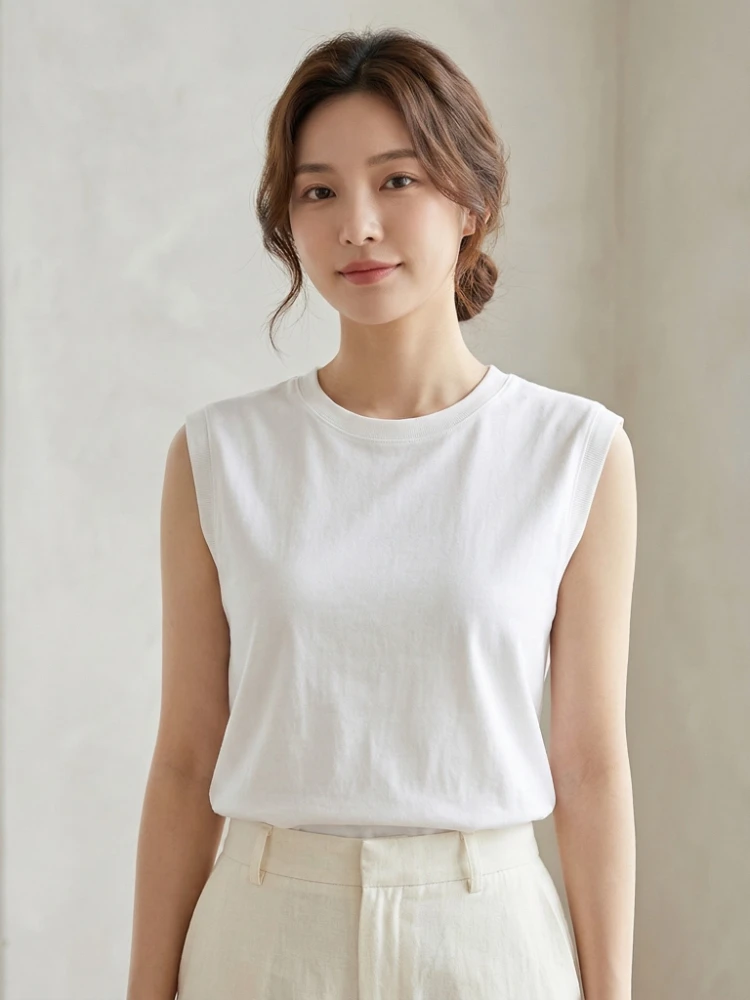Women's Tank Top 2026 Summer Cotton O-Neck Sleeveless Vest Solid Color Ribbed Cuff Loose Casual Versatile Solid Color Camisole