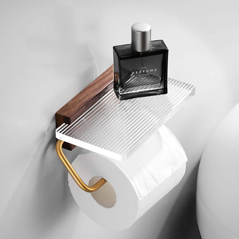 Acrylic Bathroom Paper Towel Holder Wood Multi-Functional Phone Rack Wall-mounted Toilet Roll Towel Rack Bathroom Hardware