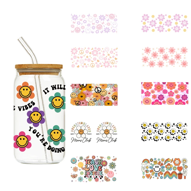 LETOP 1PCS Colorful Smiling Faces And Flowers Vinyl Uv Dtf Cup Wrap Transfers 16oz For Glass Cup Dtf Sticker Printer Transfer