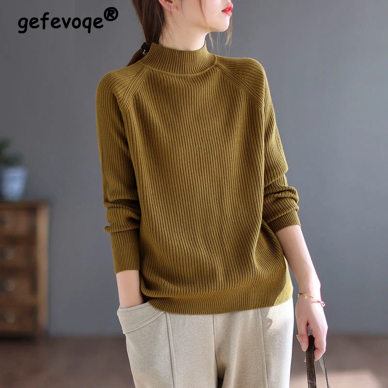 

Women's Clothing Autumn Winter Vintage Half High Collar Thick Warm Basic Knitted Sweater Solid Long Sleeve Pullover Tops Jumpers