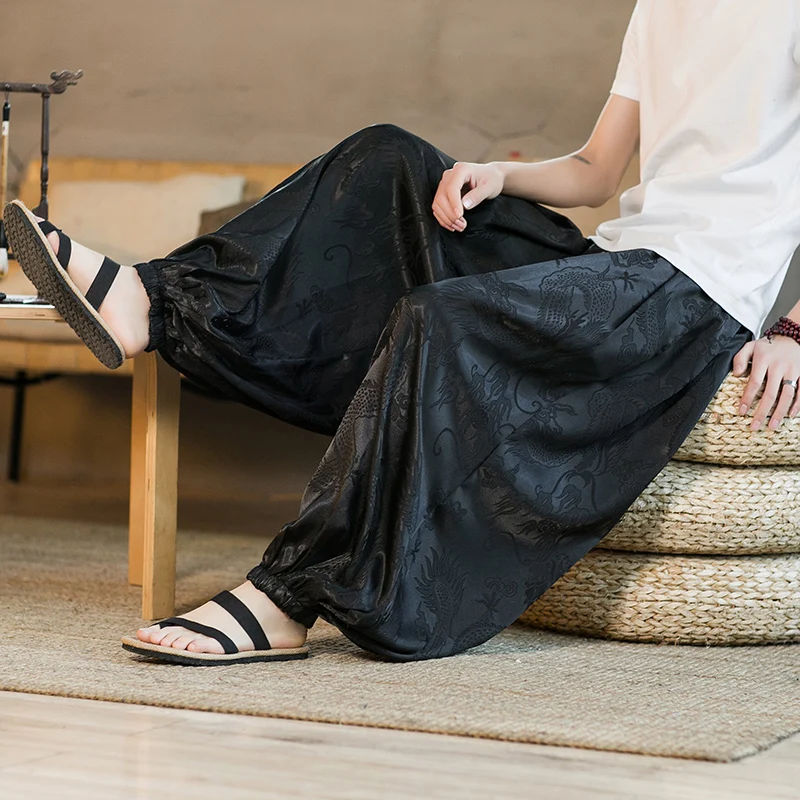 Men Harun Pants Summer Ice Silk Light Thin Wide Leg Pants Chinese Style Dragon Print Loose Casual Trouser Oversize Men Clothing