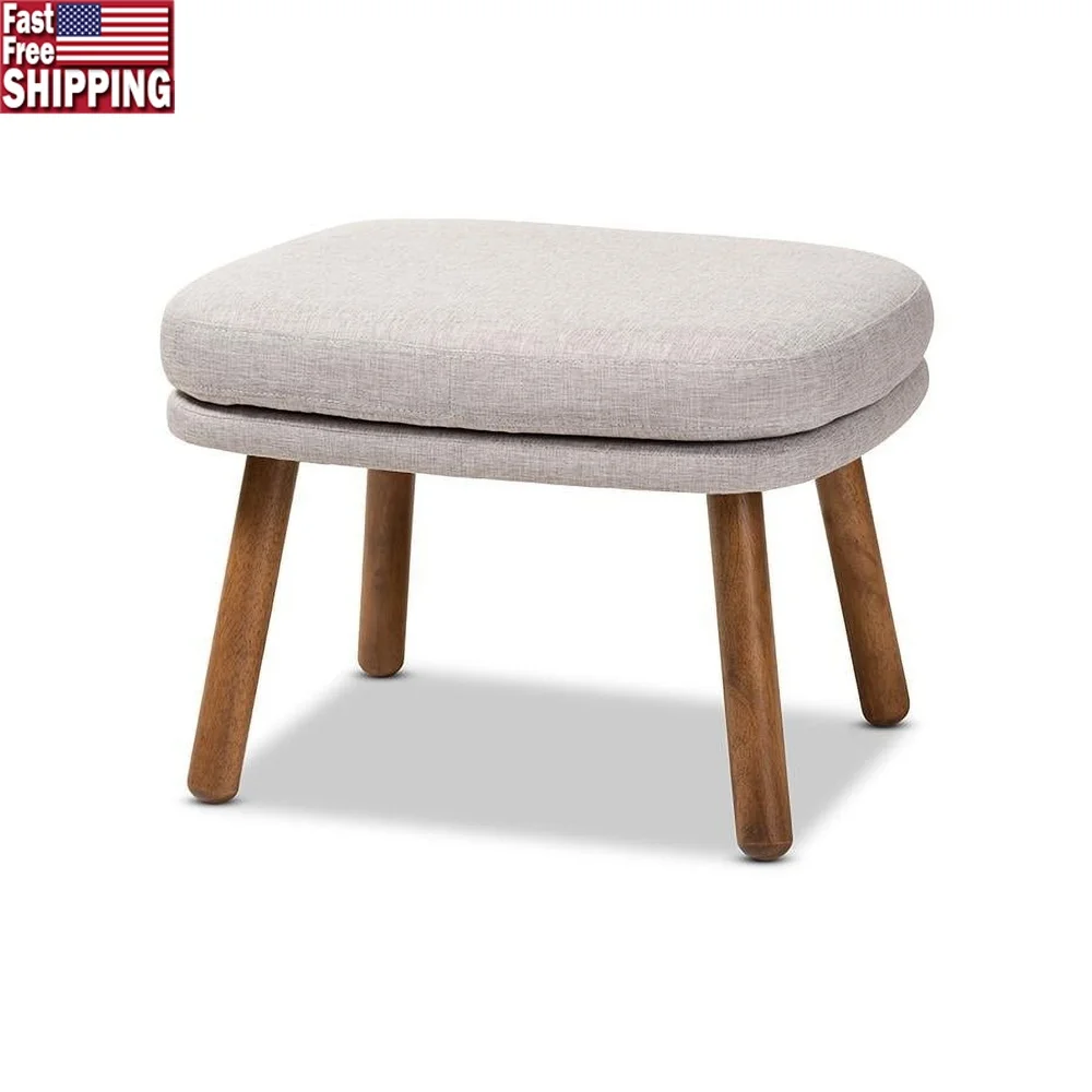 

Mid Century Modern Ottoman Foam Padded Upholstered Greyish Beige Fabric Walnut Rubberwood Legs Indoor Living Room Entryway