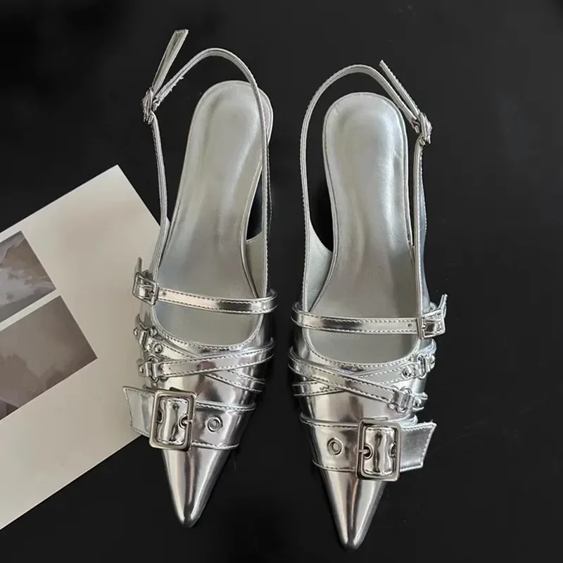 Pointed Toe High Heels Women Wear Belt Buckle Baotou Cold Slippers 2025 Half Drag Back Empty Single Shoes image 2