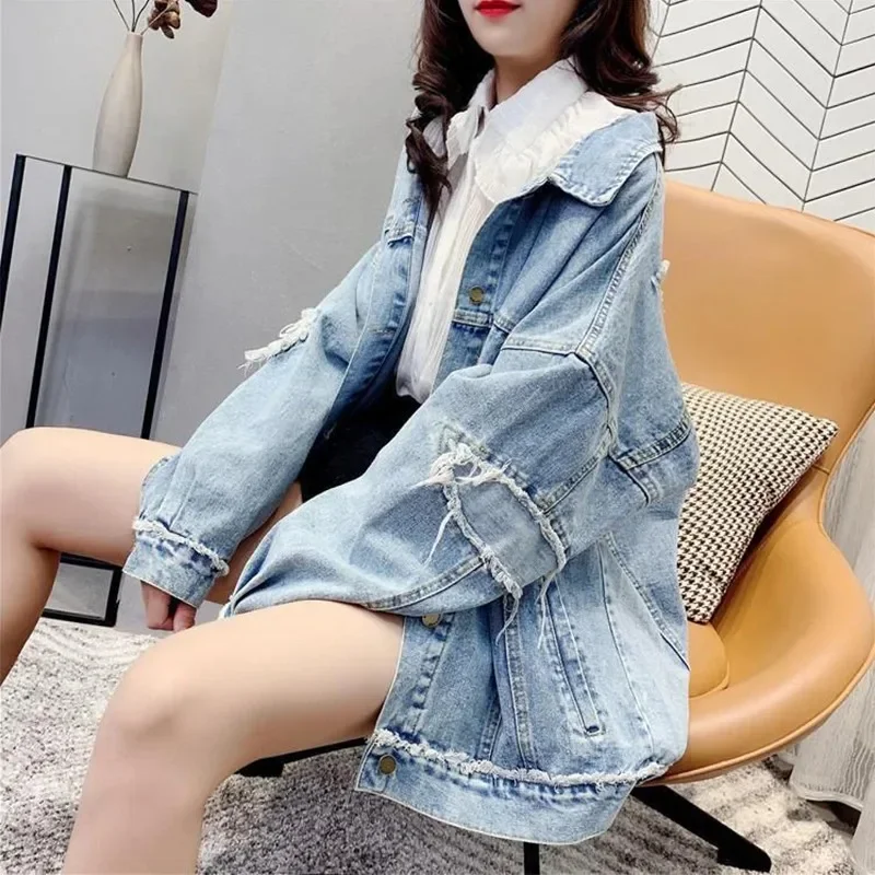 Fall Denim Wash FrayedCoat Women Long Slleve Jean Jacket 2023 New BF Style Casual Loose Denim Jackets Soild Oversize Outerwear