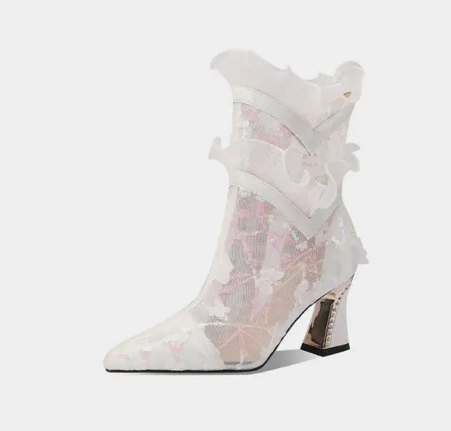 Botas de renda em malha floral feminina, babados borboleta, salto alto estranho, bordado de lantejoulas, botas de dedo pontiagudas, verão