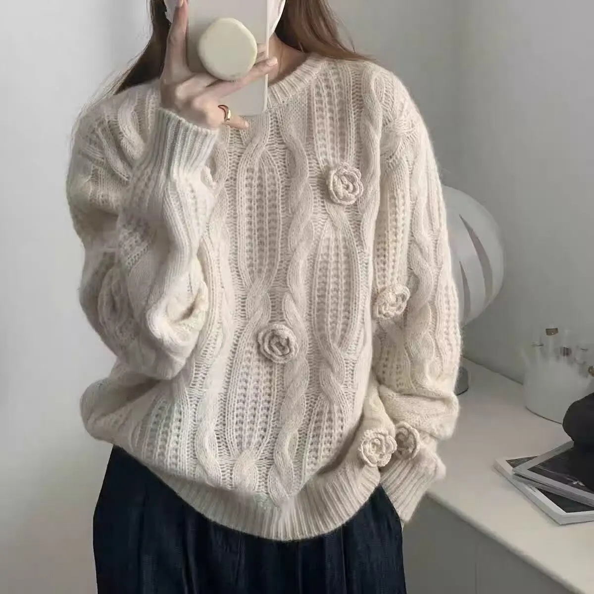 

Sweater 3d Flower Twist Pull Korean Sweet Knit Loose Knitted Pullovers Femme Slouchy Style Knitted Sweater Women Winter Tops