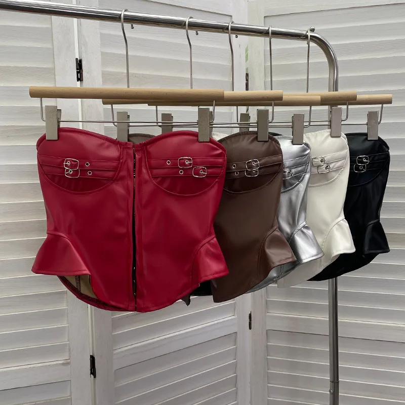 2026 New with Chest Pad Spice Girl Tube Top Waist Pu Leather Hook Buckle Chest Wrap Sleeveless Strapless Top Women