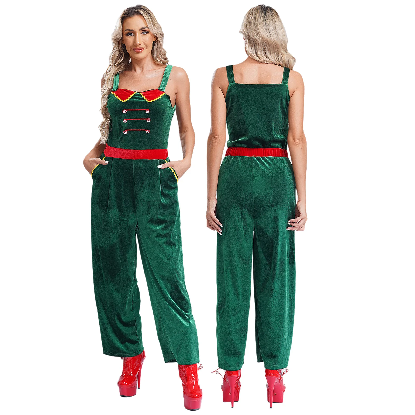 Women Christmas Elf Santa Claus Cosplay Jumpsyut Sleeveless Wide Leg Bodysuit Overalls Xmas New Year Party Halloween Costume