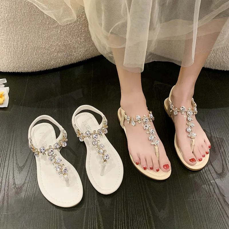 

Women Flat Sandals Fashion Rhinestone T-strap Sandals Summer Pinch Toe Beach Shoes for Women Roman Style Sandals Sandalias Mujer
