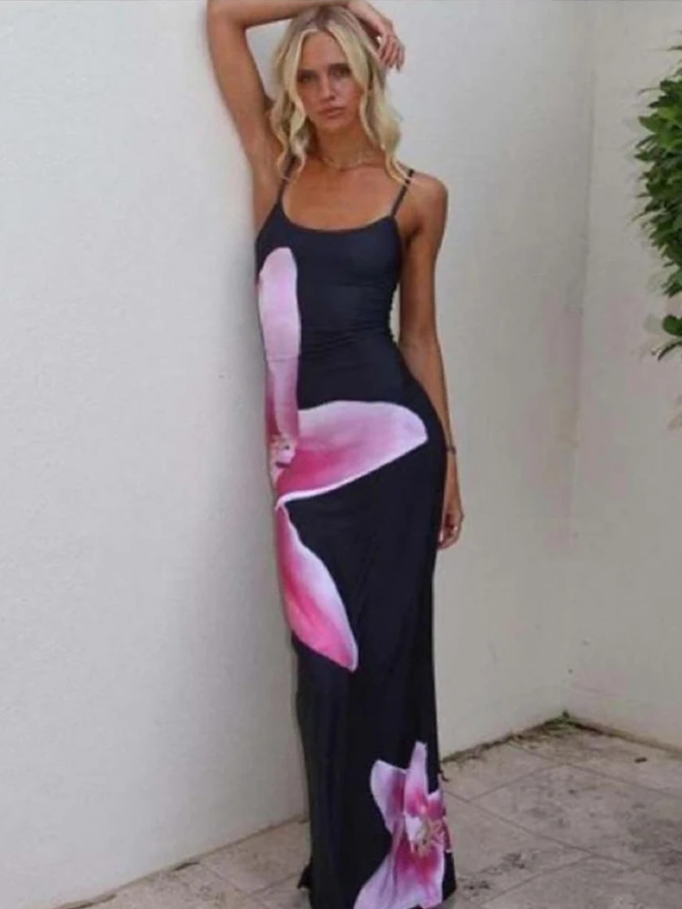 Sexy Party Maxi Dress For Women Summer Fashion Print Sleeveless Backless Bodycon Simple Dresses Casual Club Elegant Strap Dress