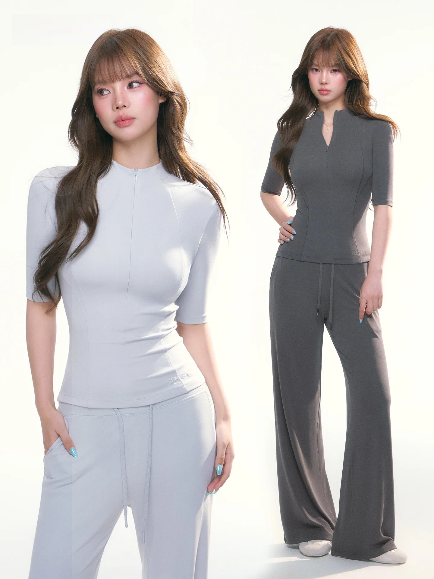 

Chili Lime Women's Slim Fit Spor Casual Set Zipper Svel Top Wide Leg Pants Two Piece Set Breathable Cotton Blend