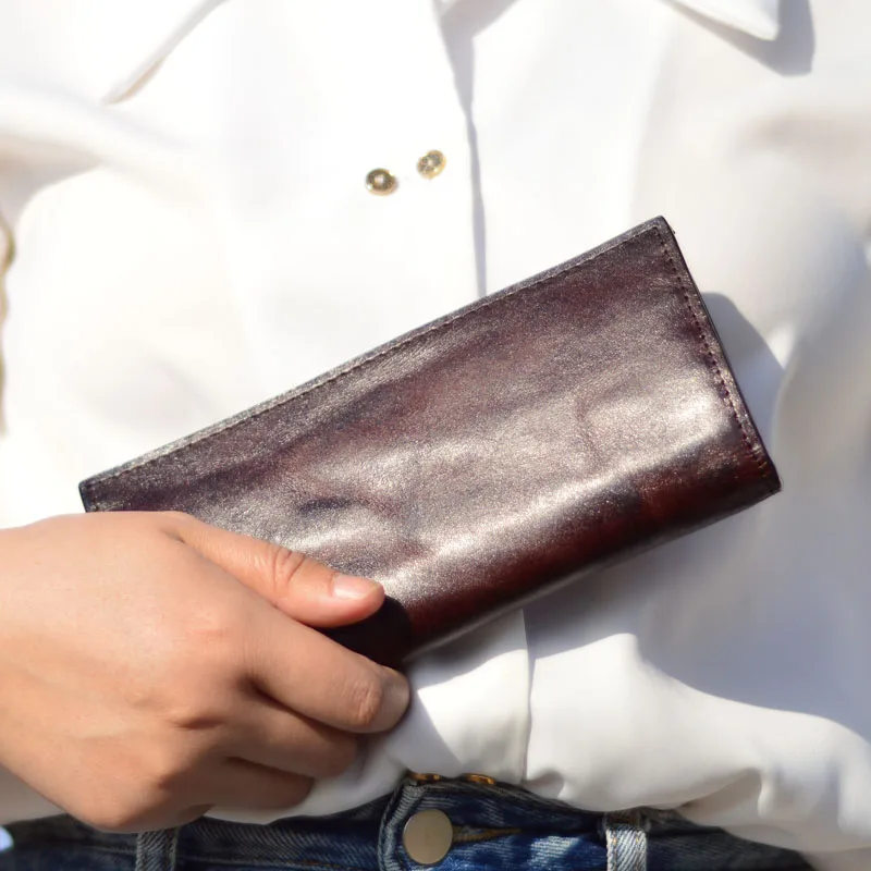 AETOO Ultra-thin women's long wallet, genuine leather original retro wallet, personalized trendy layer cowhide simple youth wall