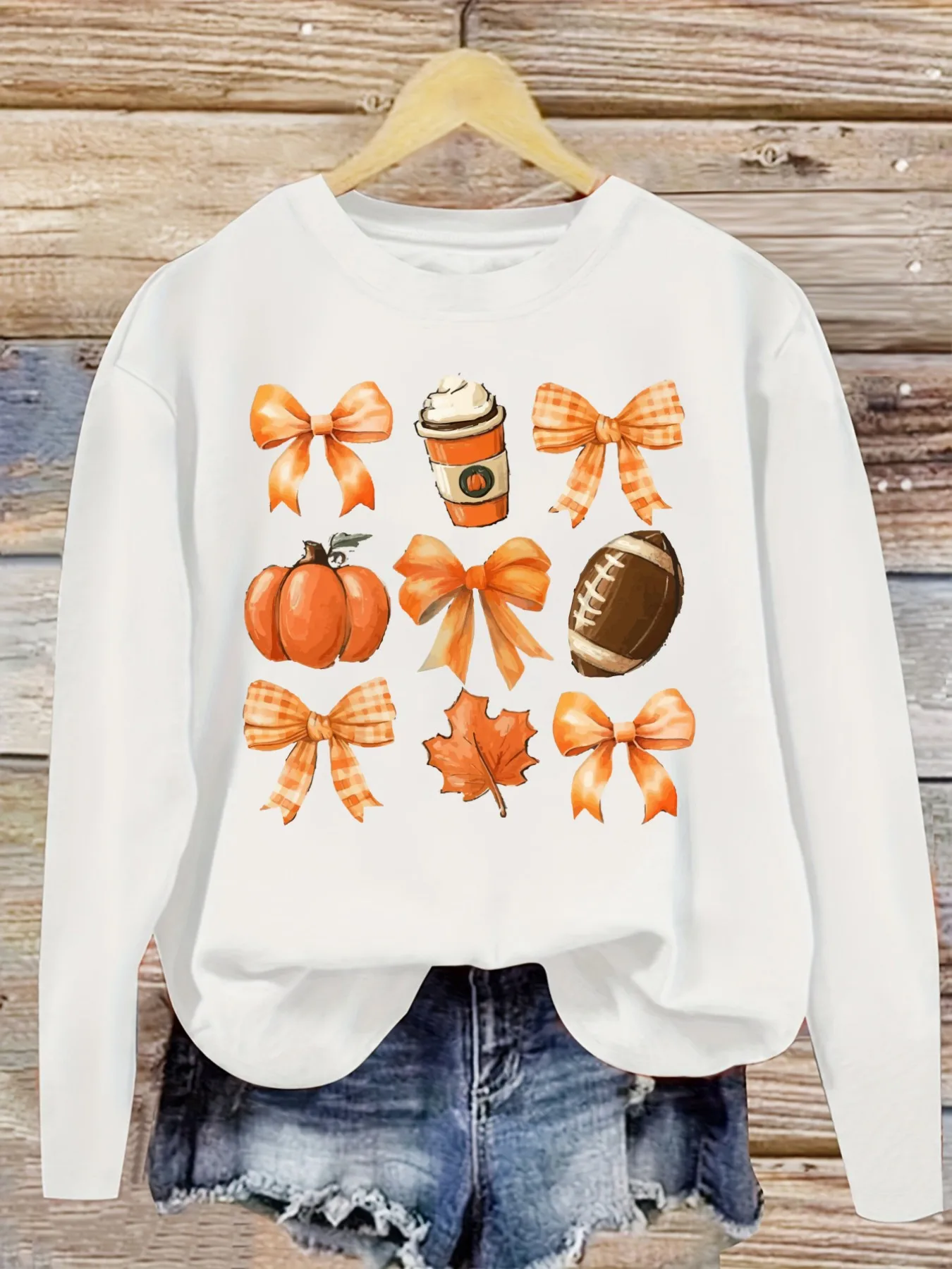 Women's Casual Long Sleeve Crew Neck T-Shirt Pumpkin Bowls Coffee Football Leaves Design, Round Neck Women's Clothing, Machine Washable, Slightly Elastic, Loose Fit, Spring Autumn Winter Women's T-Shirt, Halloween Costume Outfit view 5