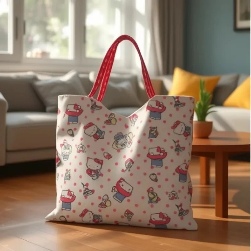 

Kawaii Hello Kitty Handbag Cute Anime Canvas Large Capacity Versatile Storage Bento Box Furniture Women Accessories Wholesale