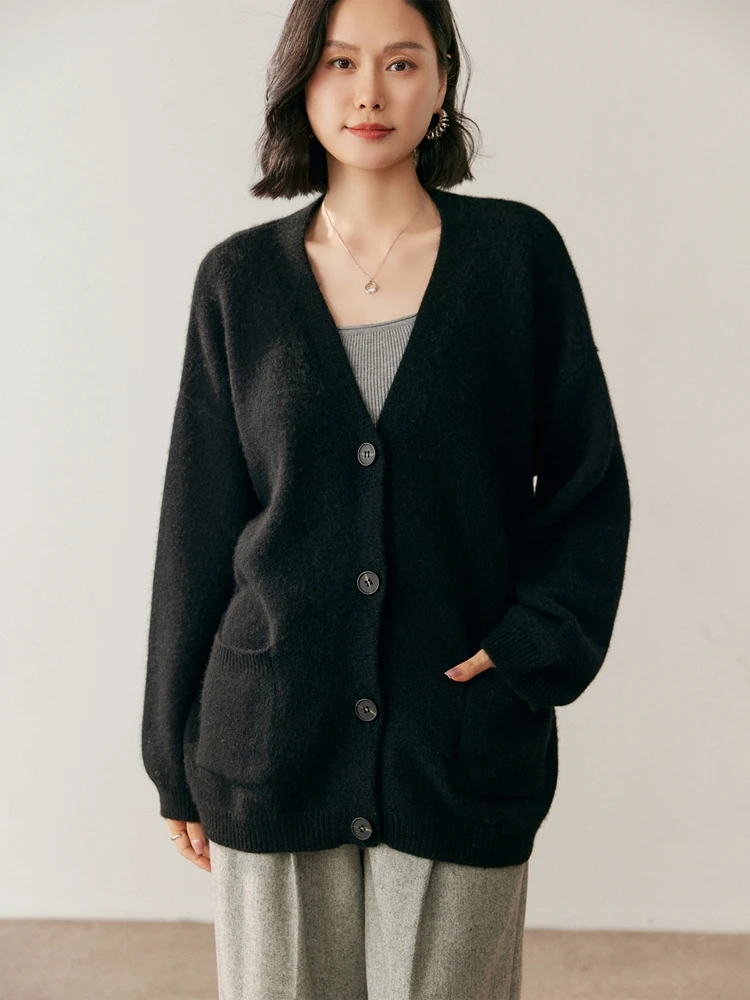 

2025 Women 100% Cashmere Sweater V-neck Cardigan Autumn Winter Heavyweight Casual Loose Style Cashmere Knit Sweater Coat Top