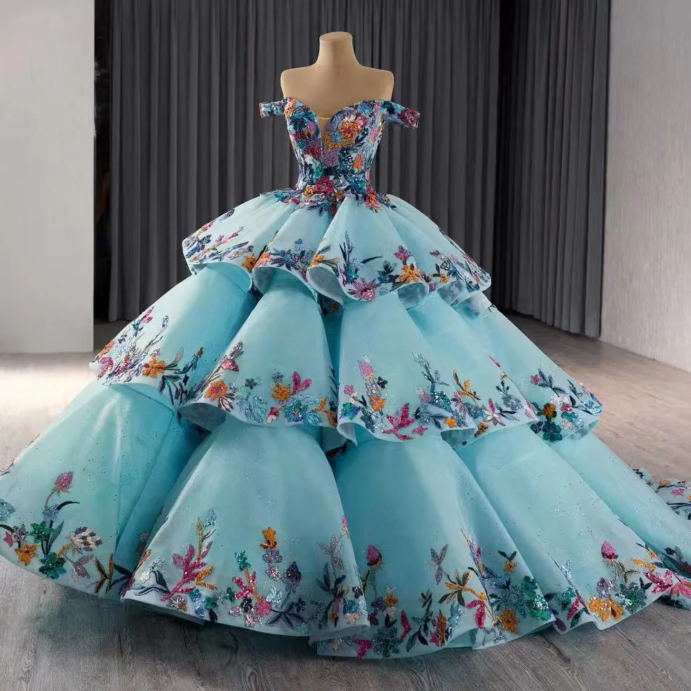 

Синее бальное платье Vestidos De Quinceañeras 2026, многоуровневое платье Quinceanera с открытыми плечами и шнуровкой сзади, расшитое блестками по индивидуальному заказу