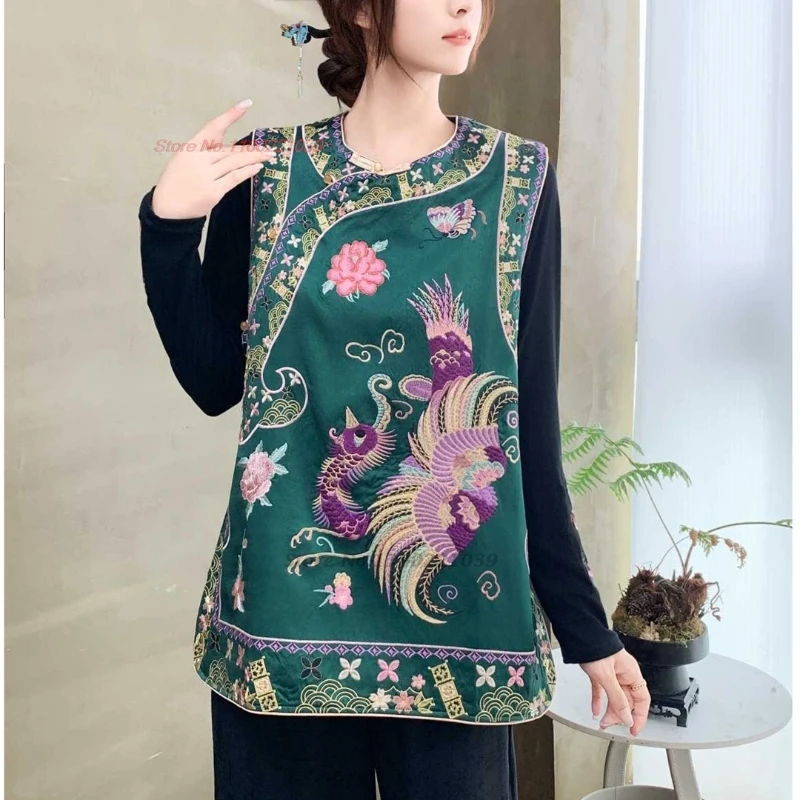 

2025 chinese vintage vest traditional phoenix embroidery satin jacquard folk vest vintage o-neck vest retro sleeveless jacket