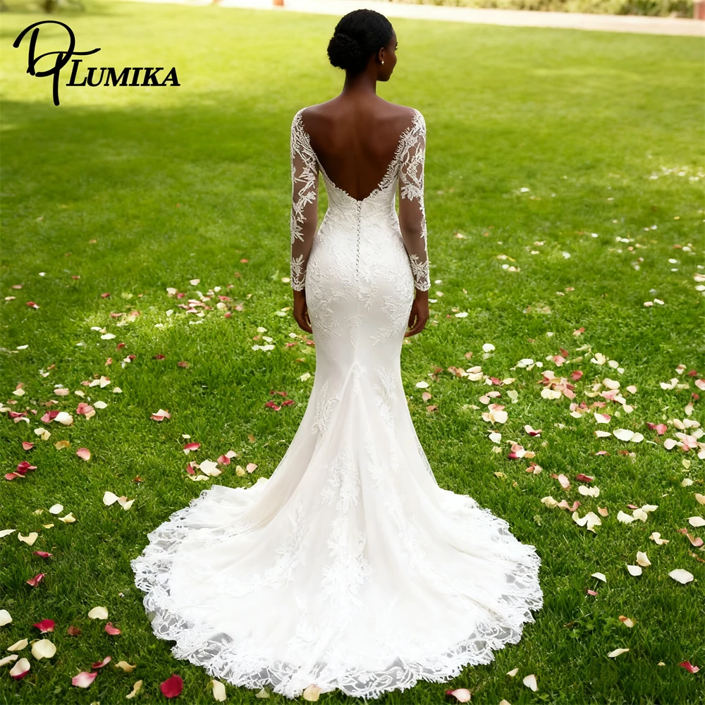 

DTLumika Sheer Neck Long Bride Dress Mermaid Lace Wedding Gown Customized Plus Size Brown Mesh Bridal Gown for Women