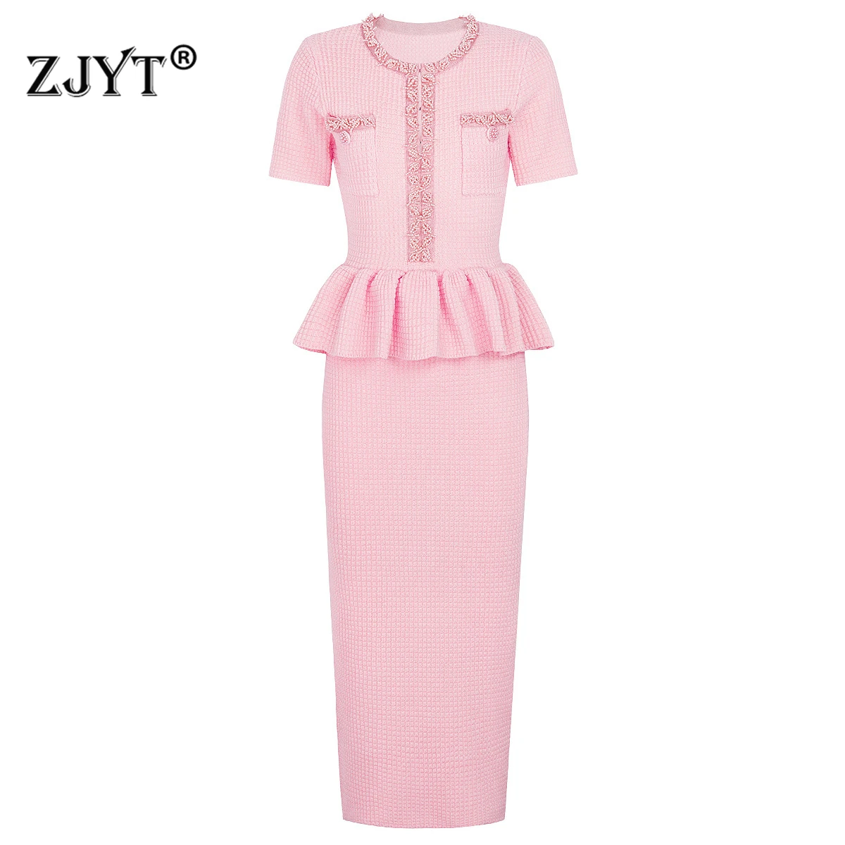 

ZJYT Elegant Luxury Pearls Beading Knitted Sweater Dresses for Women Autumn New Fashion Ruffles Patchwork Long Party Dresses