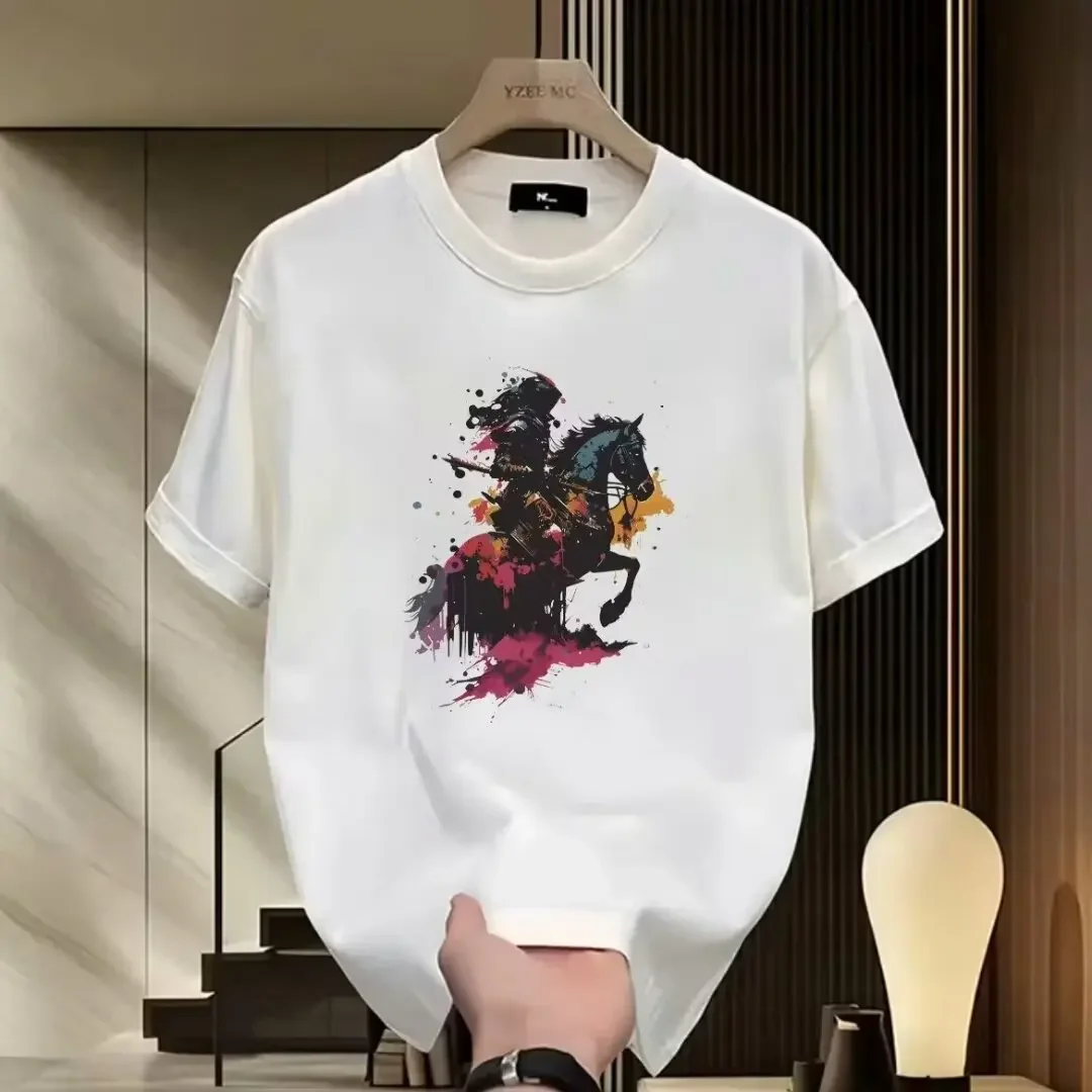 2024 Summer Trendy Men's Short Sleeve T-shirt Unique Top Half Sleeve War Horse Printing Trendy Brand New Model