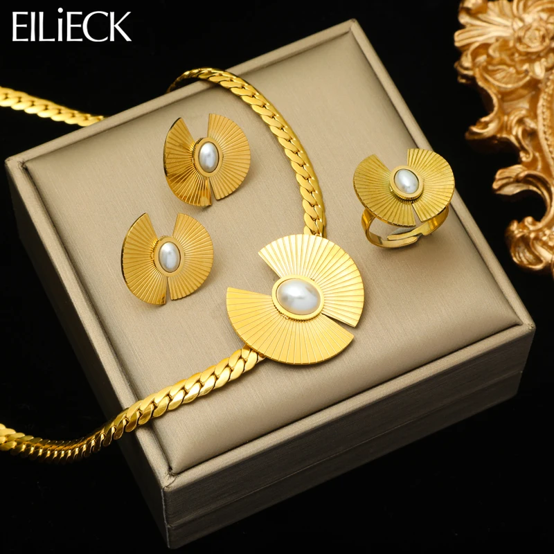 EILIECK 316L Stainless Steel Geometric Pearl Necklace Earrings Ring For Women Luxury Exaggerated Waterproof Jewelry Set Birthday