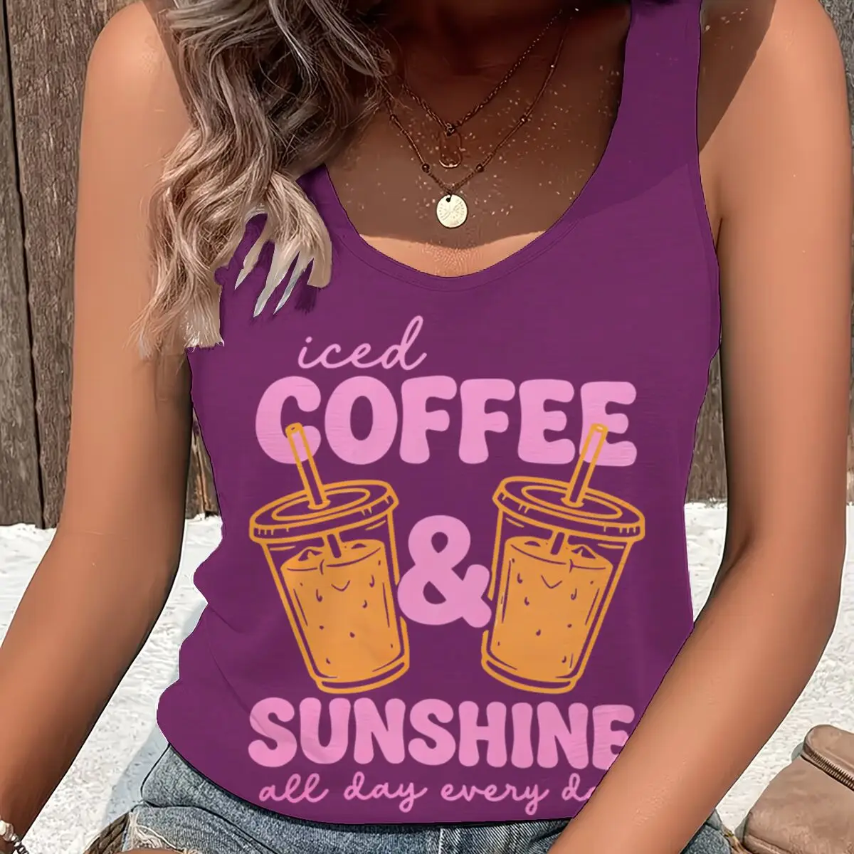 Women Vintage Iced Coffee Sunshine All Day Graphic Racerback Tank Top Summer Vacation Cute Coffee Sleeveless Basic-Fit Vest
