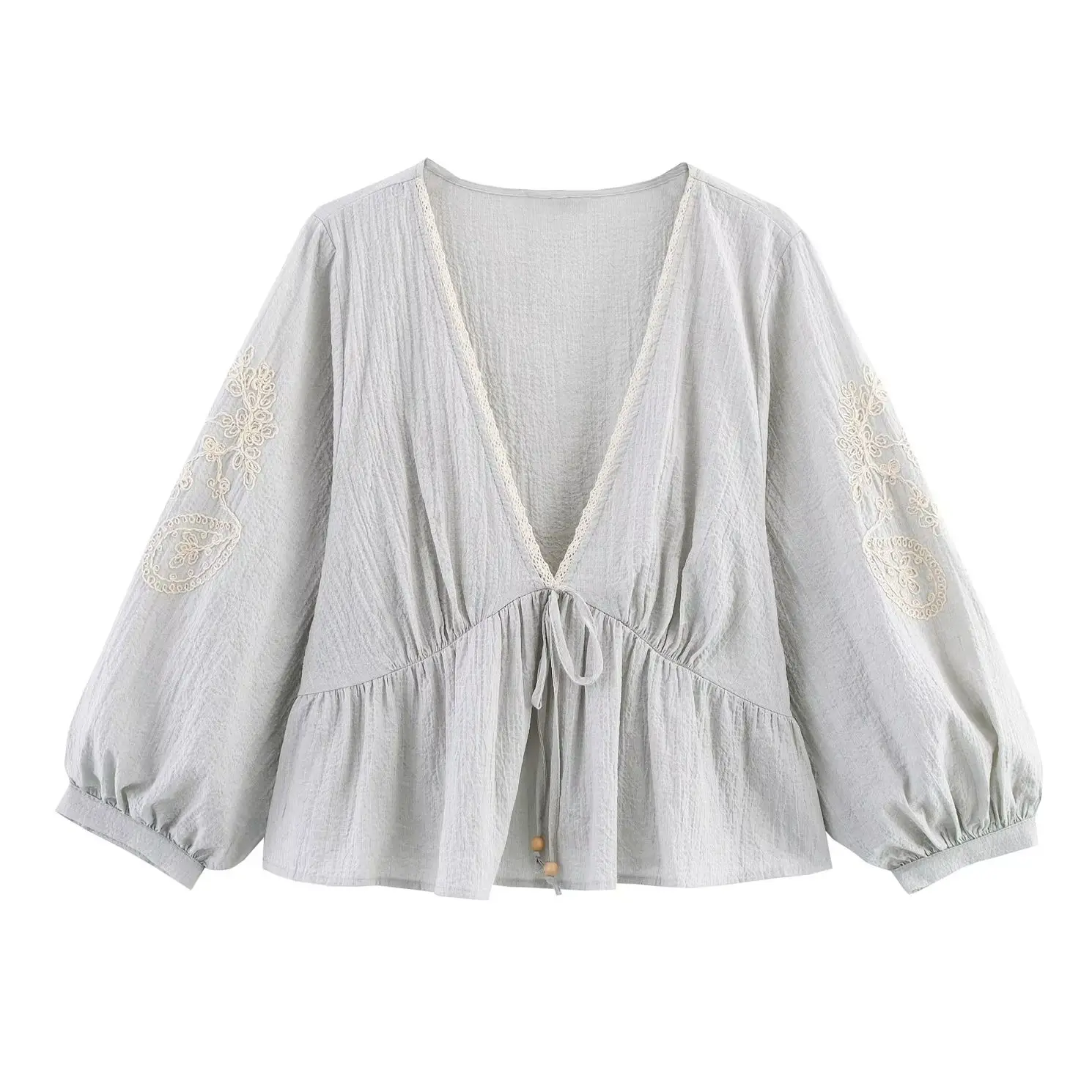 

KONDALA Chic 2025 весенняя праздничная женская блузка с вышивкой и v-образным вырезом, модная элегантная винтажная плиссированная рубашка Mujer с v-образным вырезом на шнуровке