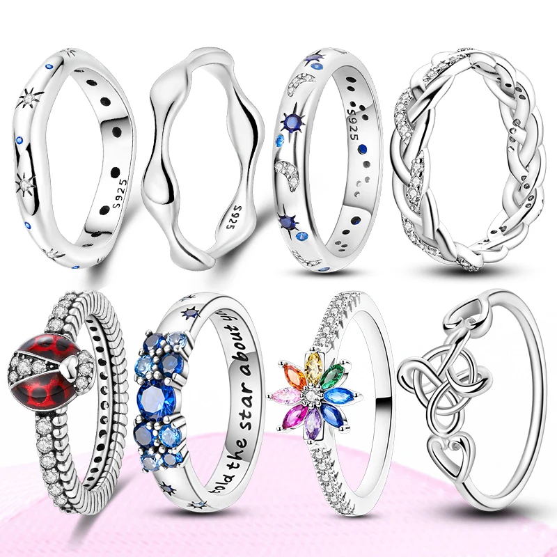 Hot Original 925 Sterling Silver Rings Size 6 7 8 9 for Women Man Sparkling Starry Celtic Knot Rainbow Flower Rings Fine Jewelry