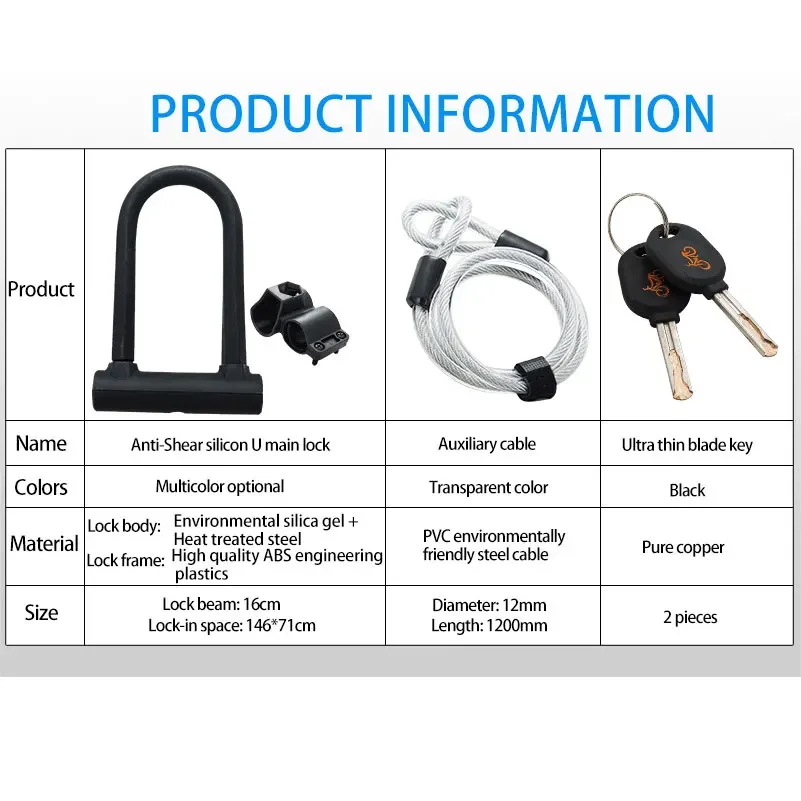 WEST BIKING Safety Bike U Lock Steel MTB Road Bike Bicycle Cable Lock Anti-theft Heavy Duty Lock Set Cycling U-lock with Cable