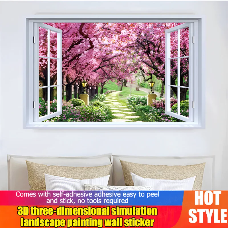 

[Самоклеящаяся, простая установка] 3D-моделирование, ложное украшение для окна, пейзажная живопись, настенная наклейка/без сверления, легкое приклеивание