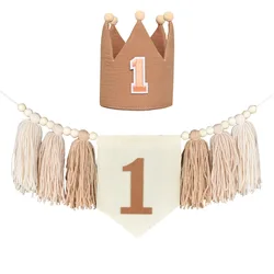 1PC INS First Kids Boho Birthday Chocolate Brown Wooden Bead Tassel Highchair Flag 1st Girl Party Crown Boy Blue Garland