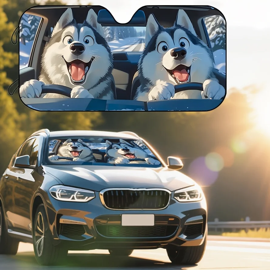 Adorable Husky Car Sunshade For The Front Window – Playful Animal Pattern Vehicle Sun Shield, UV, Maintains Cabin Coolness, Idea