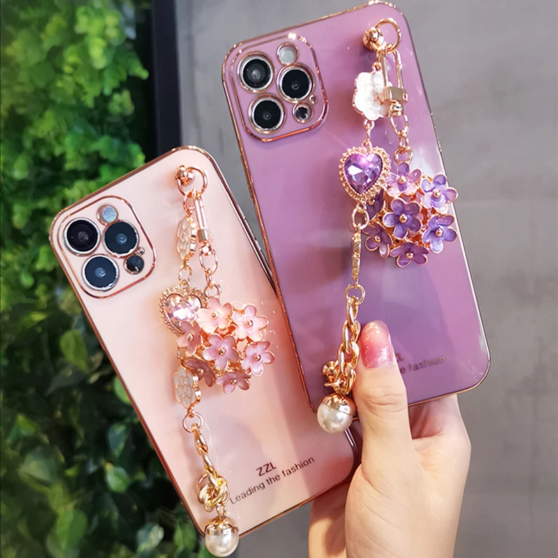 Glitter Gem Bracelet Flower Pendant Phone Cases for Samsung S23 Ultra S22 S21 Fe S20 A72 A52 A32 S10 Plus A53 Covers Soft Coques