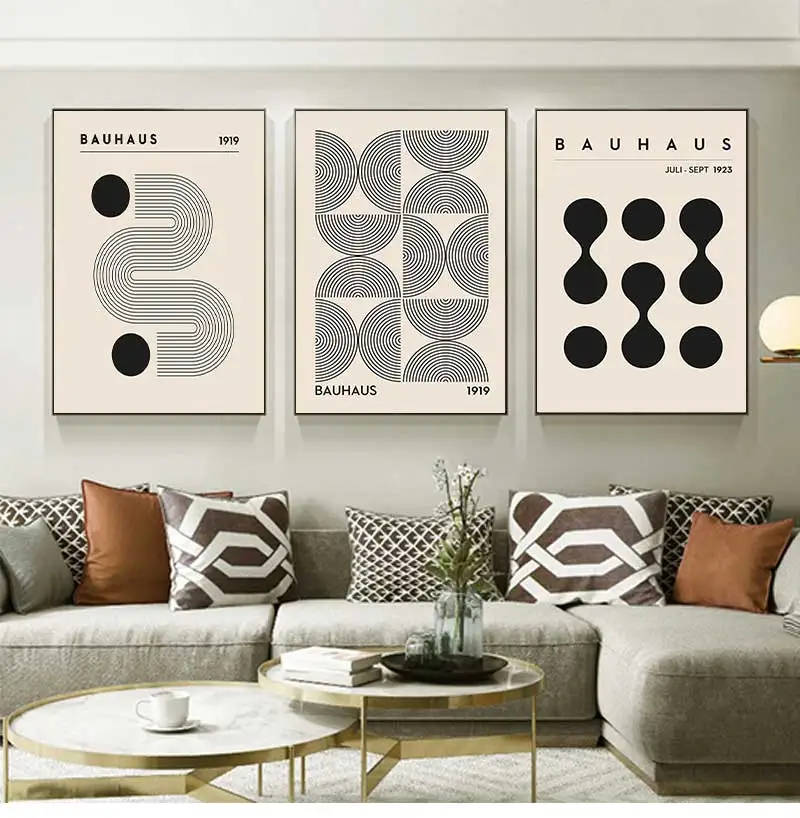 Abstract Bauhaus Style Geometric Wall Art Posters Prints Picture Vintage Black Beige Line Canvas Paintings For Modern Home Decor