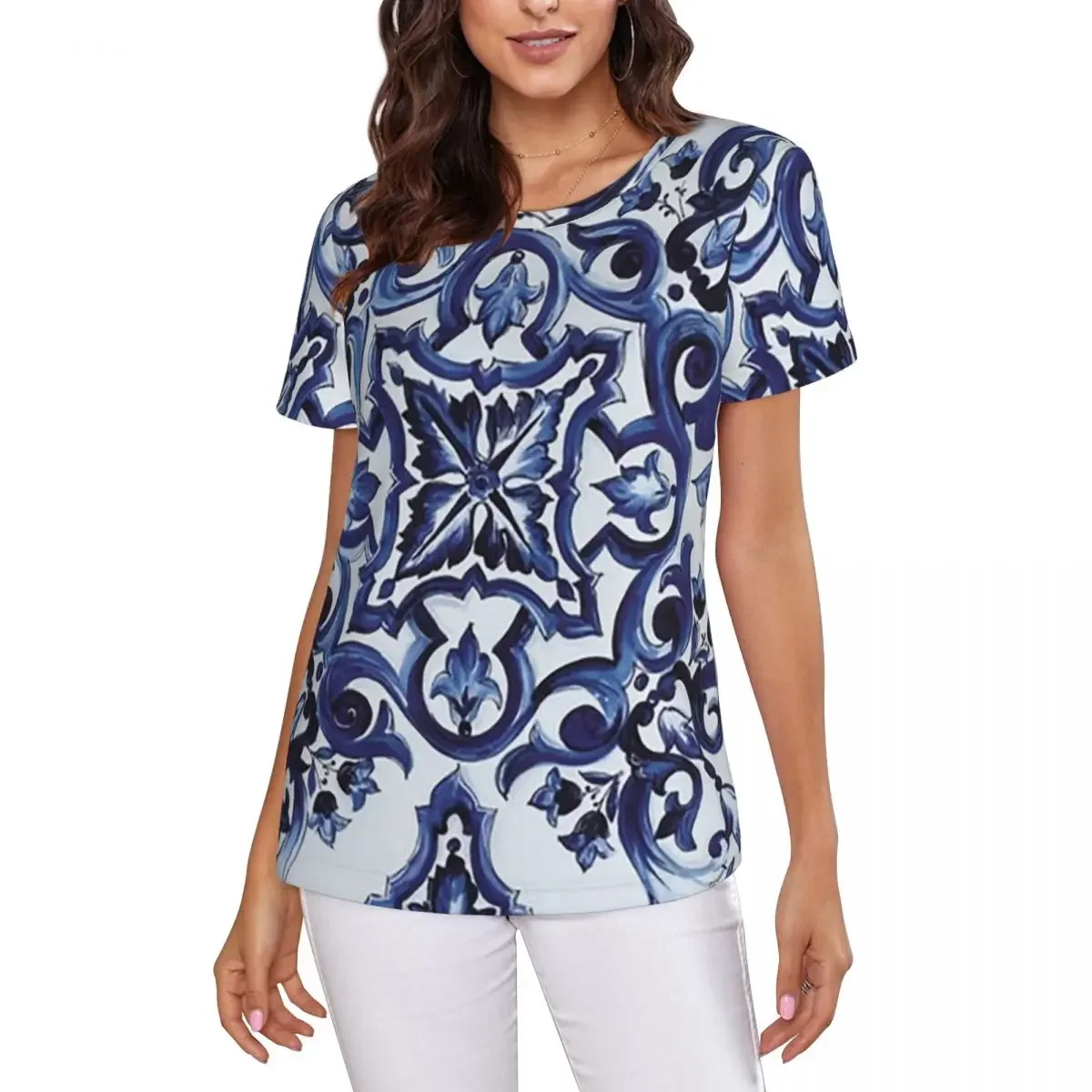 Blue Ornate Floral Mediterranean Sicilian Tile T-Shirt Women Short Sleeve T Shirts Crew Neck Clothes Cotton Summer Tees