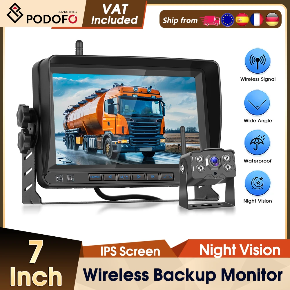 Podofo 7'' Auto-Monitor mit Rückfahrkamera IP68 wasserdicht Infrarot-Nachtsicht 1080P Backup-Monitor-Kamera für LKW Bus