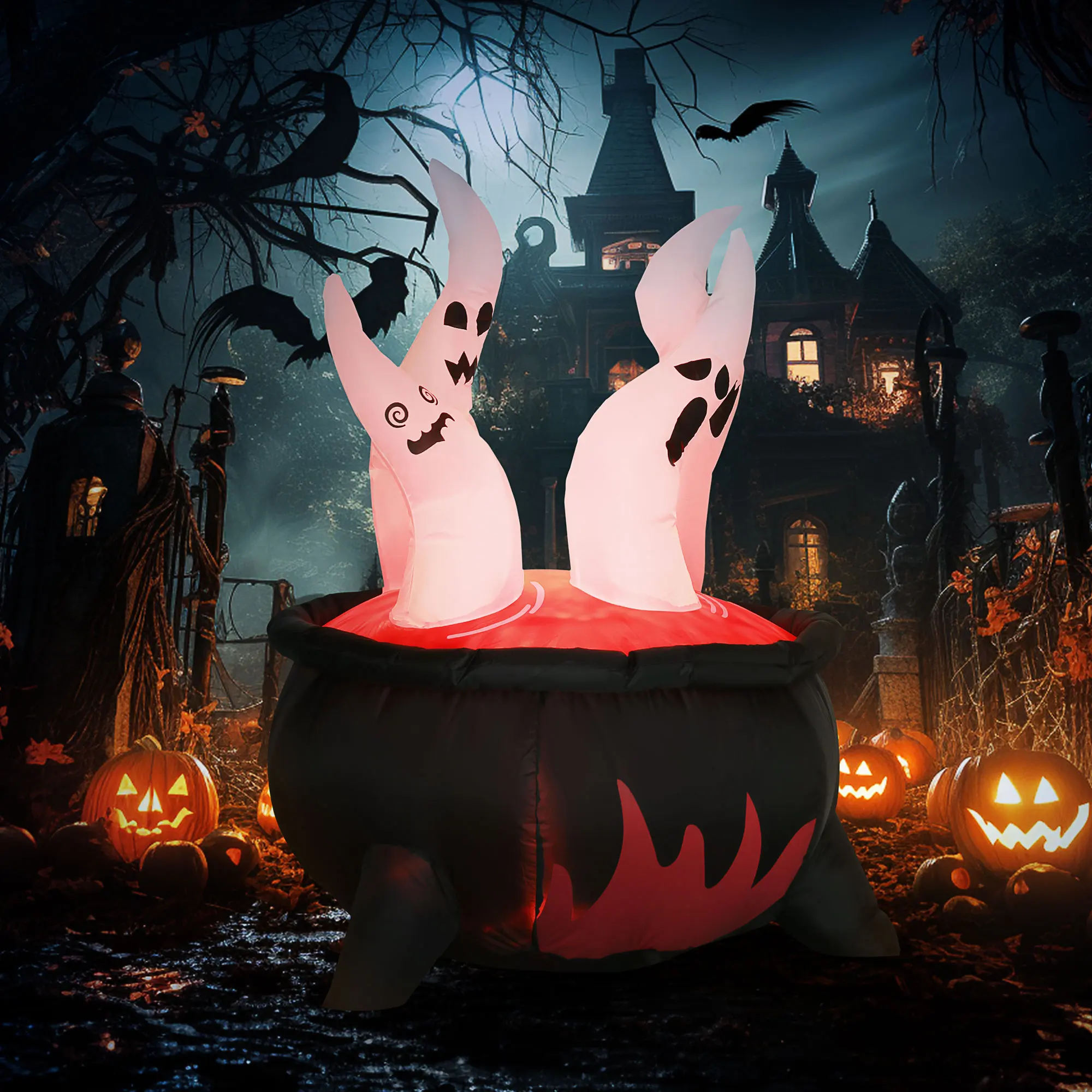 4ft Inflatable Halloween White Ghosts in Red Cauldron LED Display for Outdoor