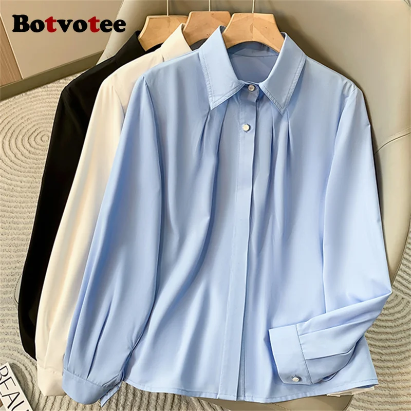

Botvotee синие блузки с отложным воротником, рубашки для женщин, весенне-осенние корейские модные бежевые, черные топы с длинными рукавами для офисной работы