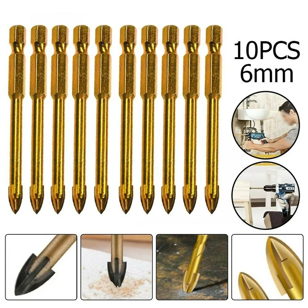 10 PCS 6mm Titan Bohrer Set Kreuz Speer Kopf Bohrer Hex Schaft Fliesen Porzellan Marmor Keramik Glas ziegel Bohren Werkzeuge