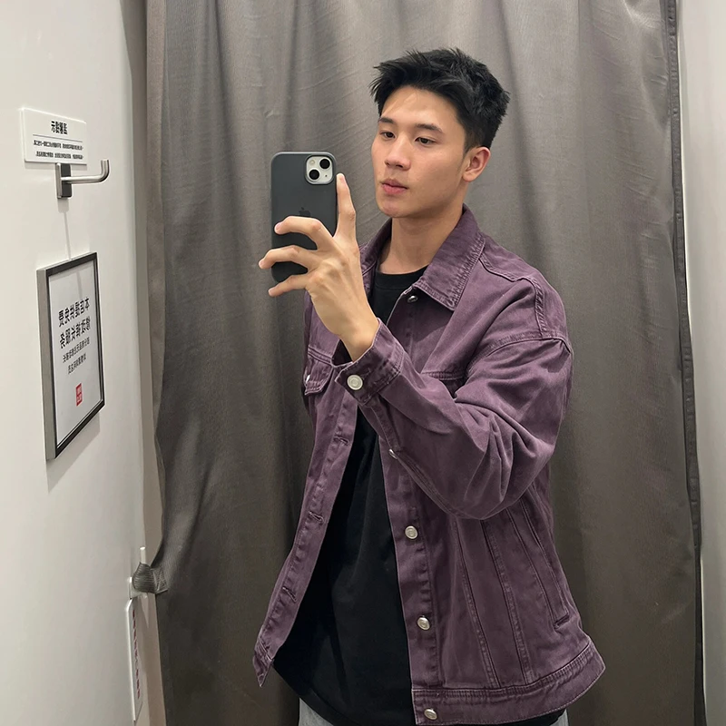 Purple Short Men's Denim Jacket Spring Autumn Fashion Workwear Style Cleanfit Shoulder Pad Casual Jacket Trendy Youth Energy