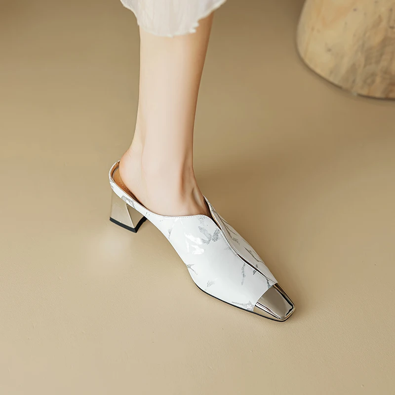 2024 New Ladies Genuine Leather Metal Head Mules Fashion Chunky Heels Summer High heels Slippers Women Casual Office Shoes Woman