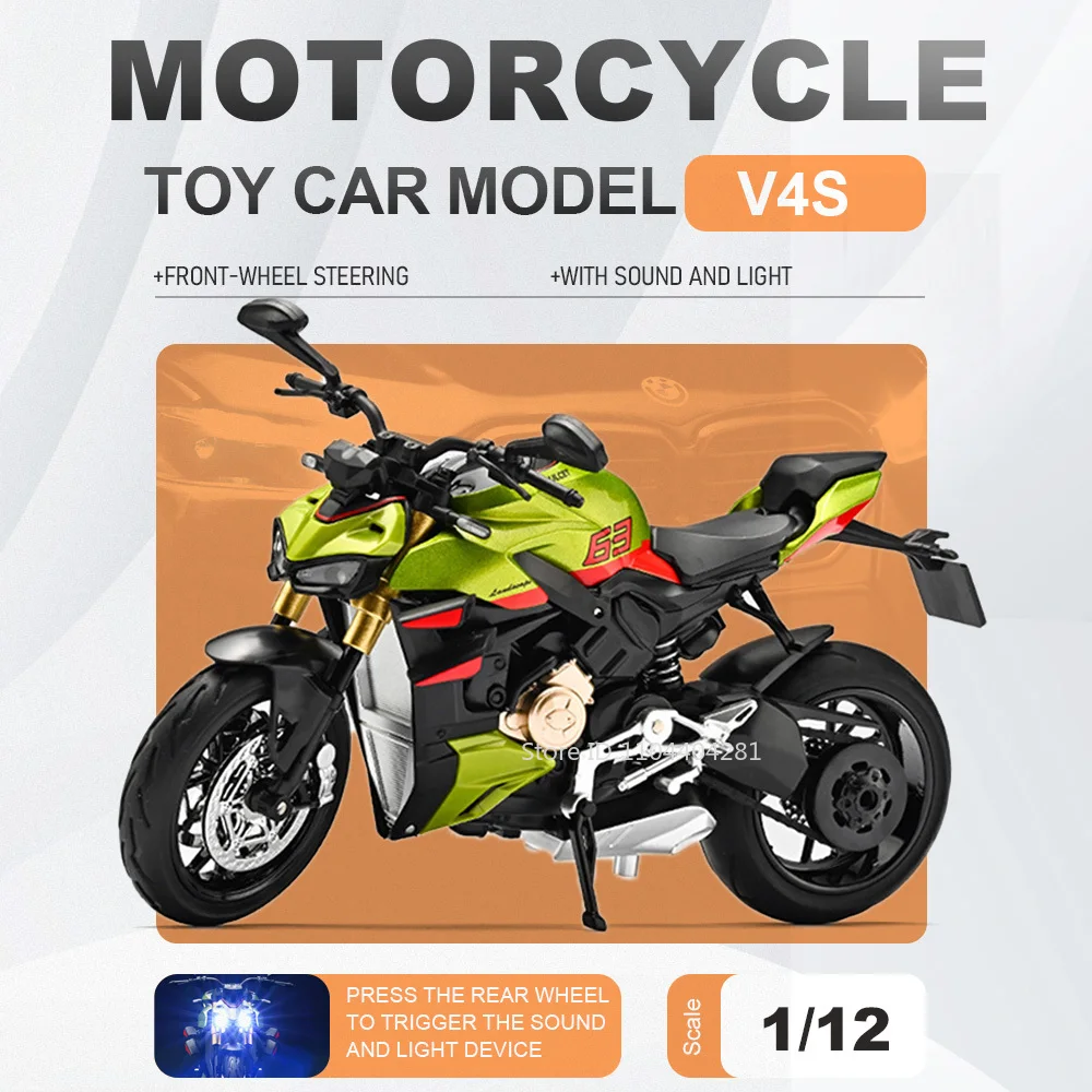 

1:12 V4S QJ600RS Car Models Alloy Toys Diecast Miniature Motorcycle Sound Light Front Wheel Steering Shock Absorption Collection