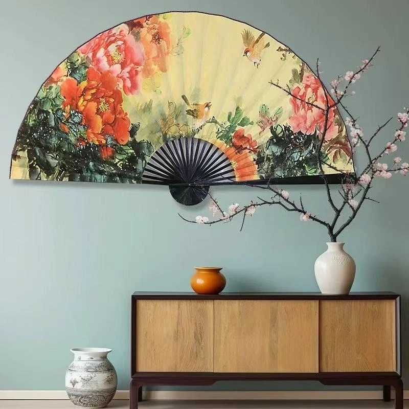 Large Painting Paper Fan Wall Hanging Decor Chinese Flower Printed Folding Fan for Office Living Room Home 50x88cm
